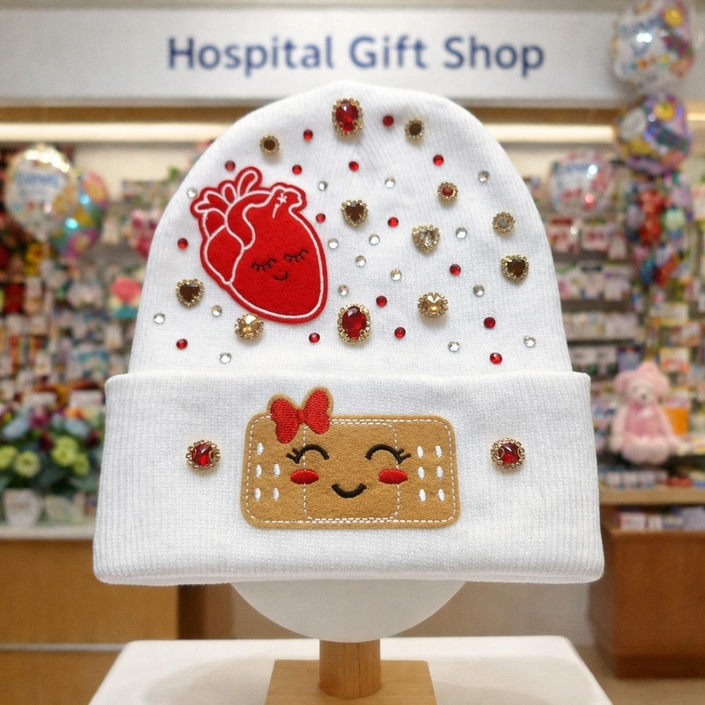 Nurse Beanie White design with‎ Heart, Band-aid and red, clear, black rhinestone